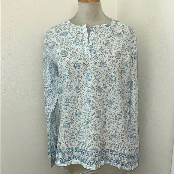 Pine Cone Hill Fine Linens cotton India blue white print tunic medium m - Picture 1 of 7